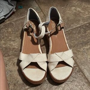 Toms Cream and Brown Wedges with Ankle Strap size 8